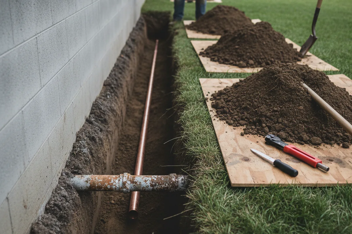 Excavated water line trench during Water Heater Repair in Dayhoit